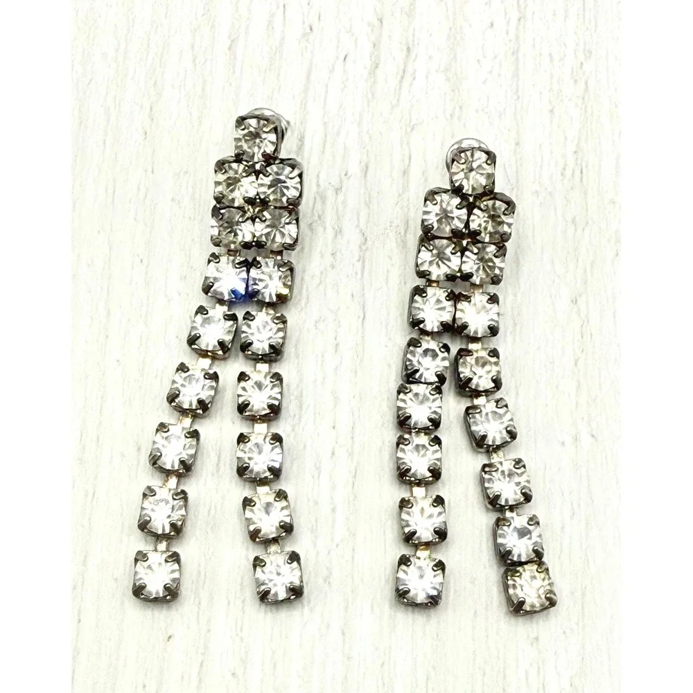 Vintage 1960s Rhinestone Dangle Earrings Double Strand MCM‎ Glam Drop Earrings